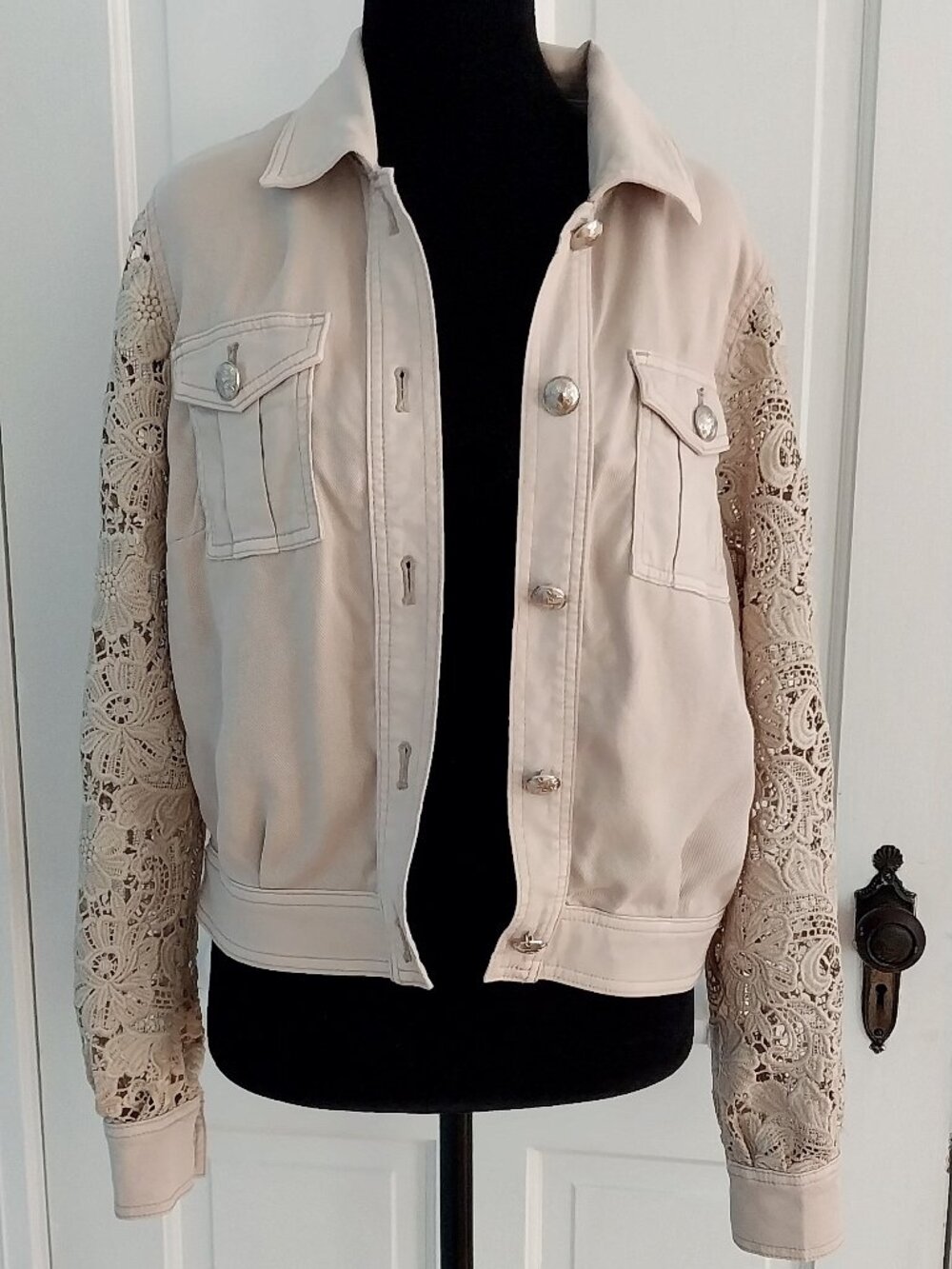 WHBM Jacket with Lace Sleeves Cropped Tan/Cream